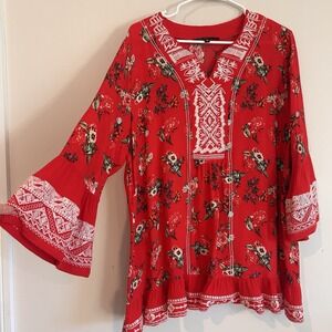 Calessa Boho Embroidered Floral Tunic Top Sz 1X Hippie Artsy Bell Sleeve